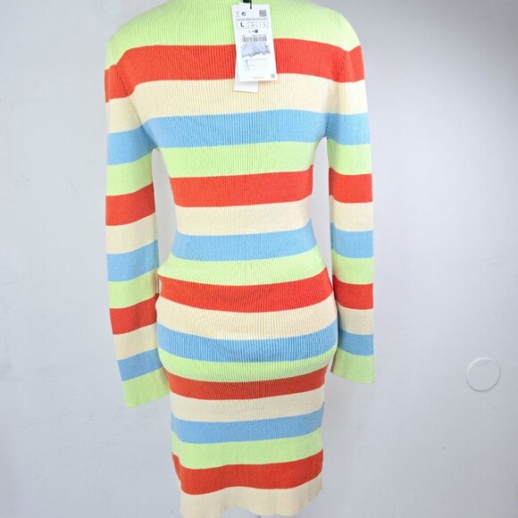NWT ZARA Ribbed Knit Multicolor Striped Fitted Long Sleeved Dress - Picture 9 of 12